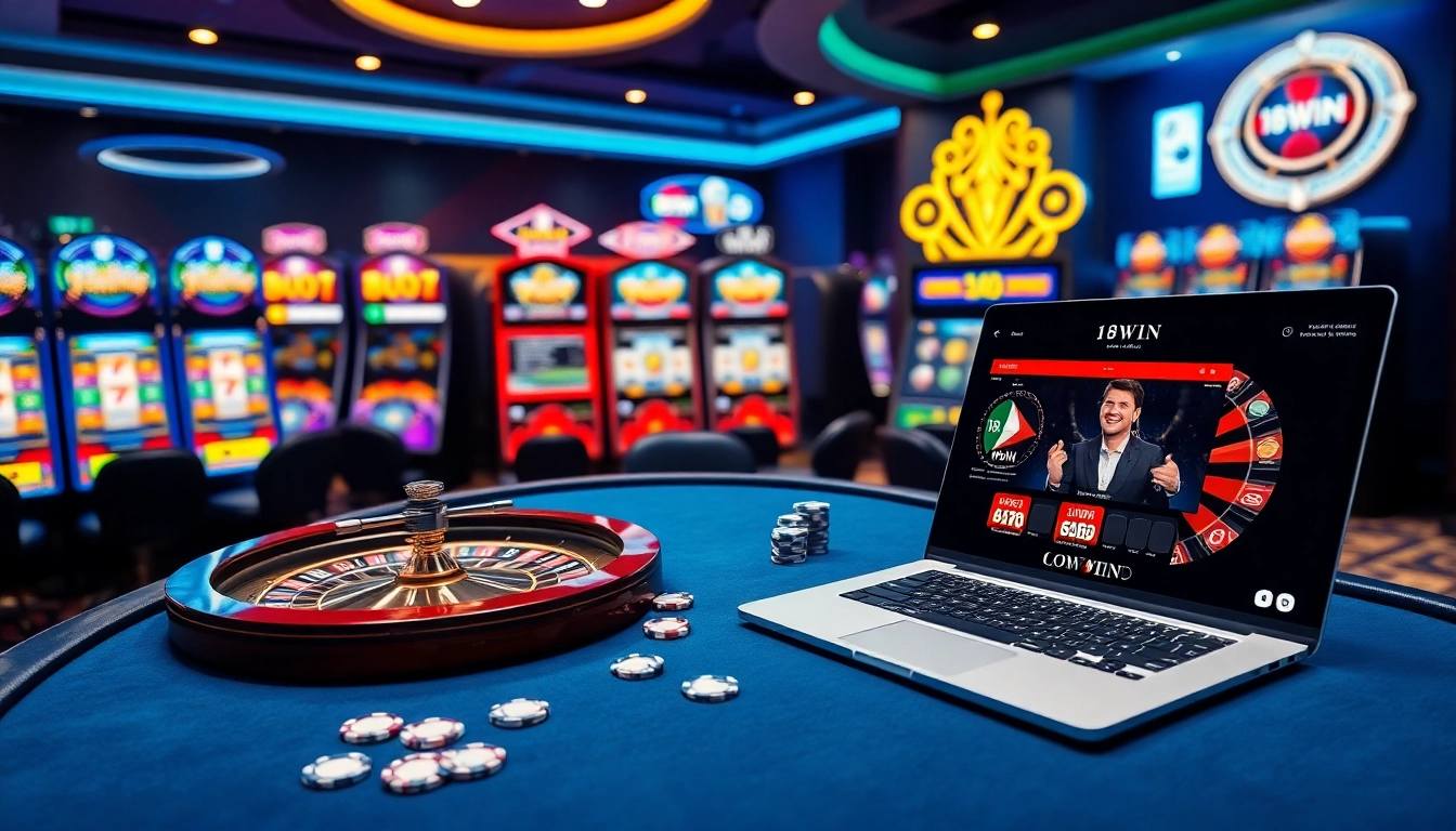 Experience thrilling games at 18WIN casino with vibrant slot machines and poker tables.