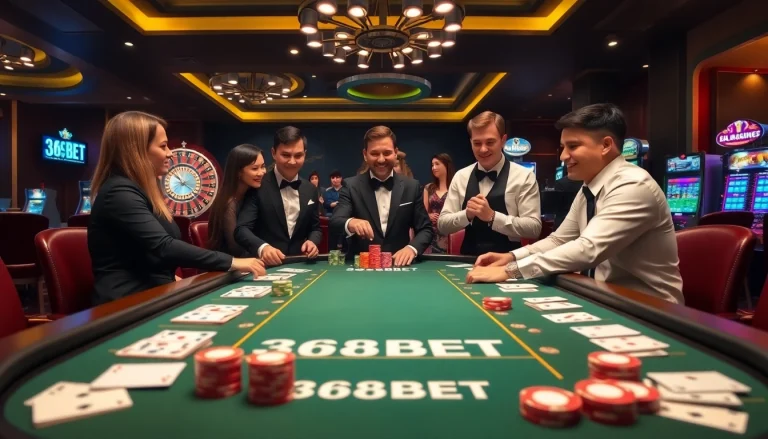 Experience thrilling gameplay at 368BET with vibrant casino elements including poker tables and roulette wheels.