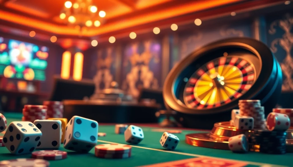 Experience the excitement of app tài xỉu online with vibrant casino elements like dice and poker chips.