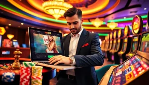 Access mm88 đăng nhập on a sleek laptop amidst vibrant casino visuals filled with colors and excitement.