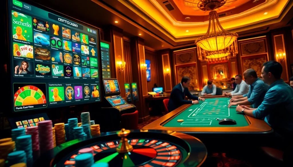 Vivez l'excitation des casinos crypto avec des joueurs profitant de jeux dynamiques sur une interface en ligne luxueuse.