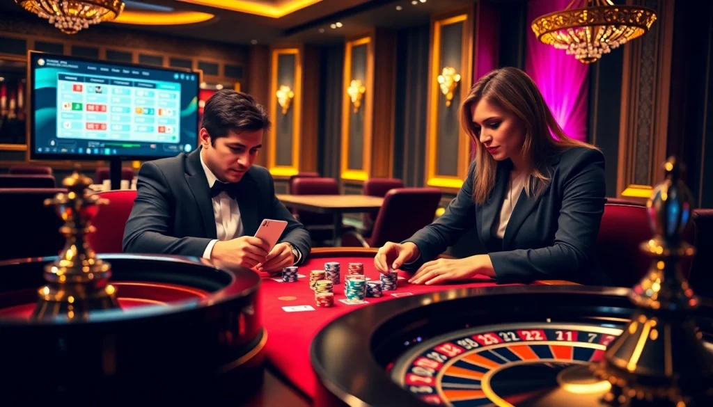 Engaging scene of players enjoying casino en ligne games at a luxurious virtual casino.