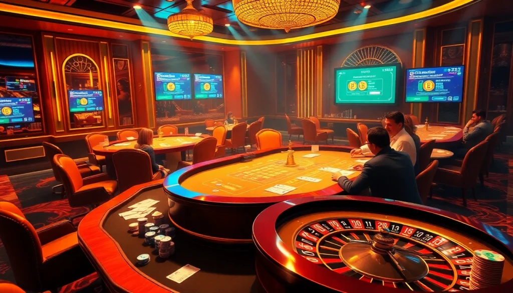 Engaging scene of players at Bitcoin casinos enjoying poker and roulette with vibrant chips and energy.