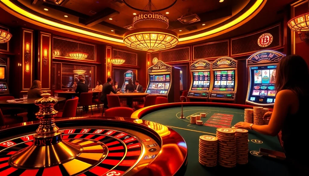Exciting gameplay at Bitcoin casinos featuring roulette, poker, and vibrant slots.