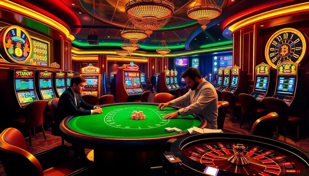 Exciting gameplay at Bitcoin casinos with vibrant poker tables and cryptocurrency tokens.