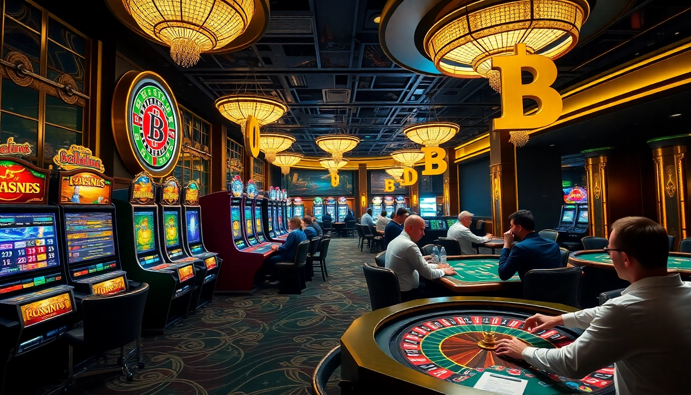 Experience thrilling gaming action at Bitcoin casinos with vibrant slot machines and poker tables.