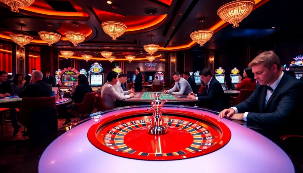 A dynamic gambling scene at the Bk33 club featuring a roulette wheel and poker action.