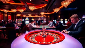A dynamic gambling scene at the Bk33 club featuring a roulette wheel and poker action.