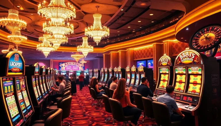 Experience the thrill of winning with 98win nổ hũ at a luxurious casino, featuring vibrant slot machines.