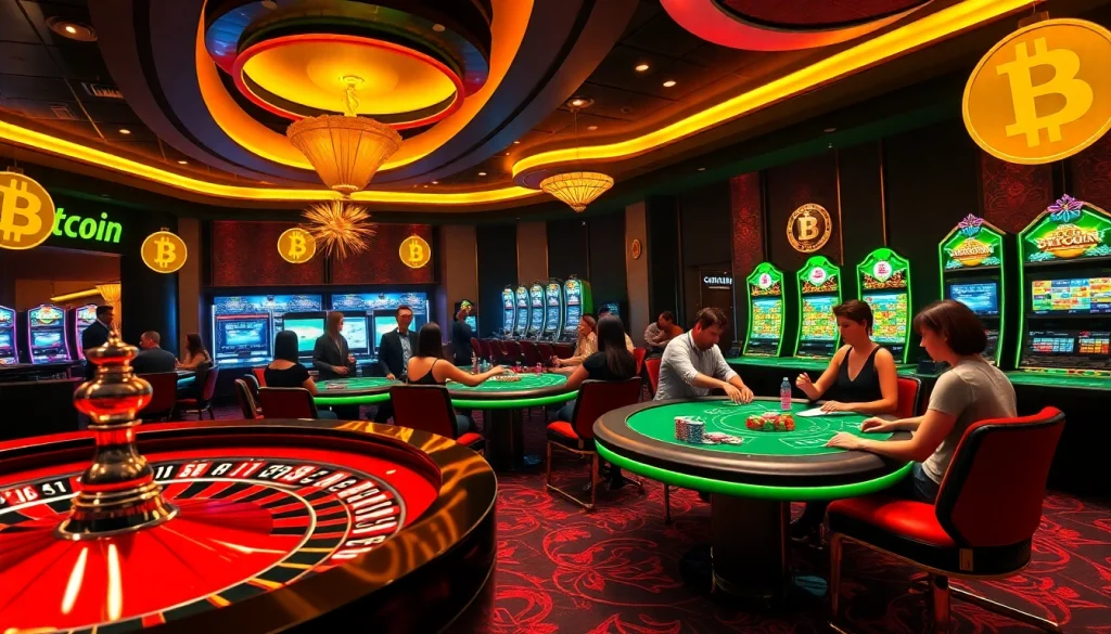 Players enjoying Bitcoin casinos with poker chips and roulette tables in a luxurious setting.