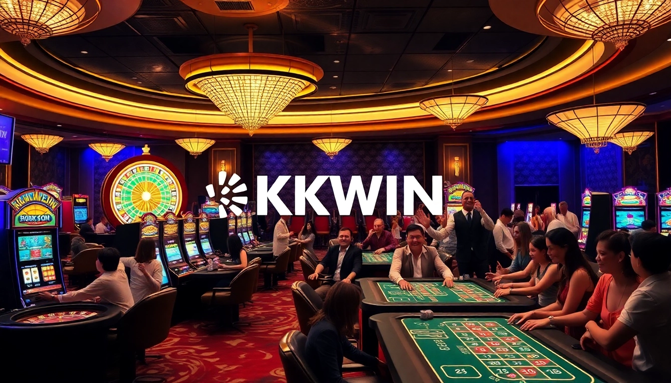 Excited gamblers celebrating wins at a luxurious casino featuring the KKWIN logo.