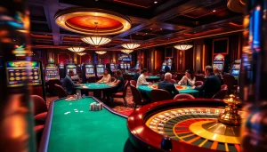 Experience the lively atmosphere of nhà cái lc88 with players enjoying poker and roulette in a vibrant casino setting.
