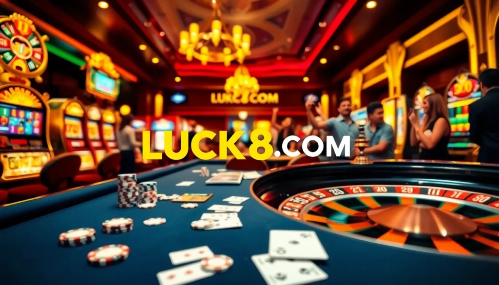 Experience the excitement of LUCK8 COM at a lively casino table with poker chips and roulette.