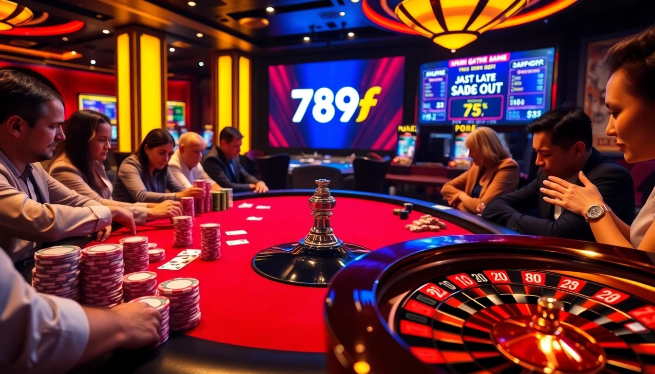 Players engaged in a thrilling poker game at the 789f casino, showcasing chips and cards.