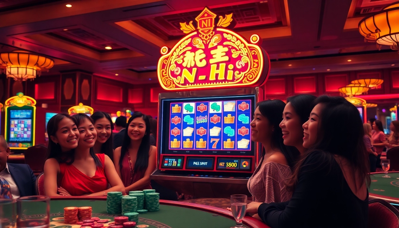 Excited players engage with a nổ hũ slot machine in a luxurious casino setting.
