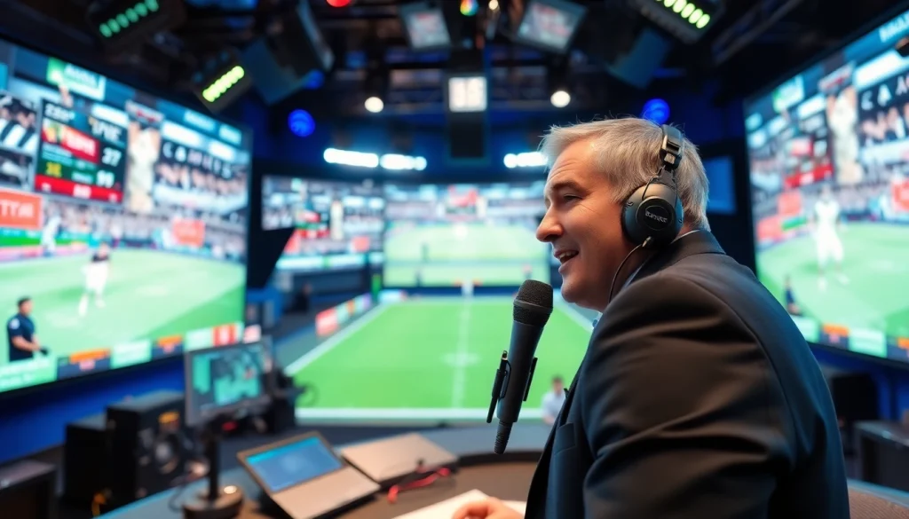 Sports Broadcasting setup featuring an enthusiastic announcer in a vibrant studio.