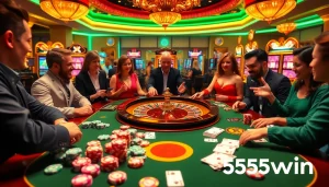 Players experiencing thrilling moments at 555win com casino gaming table, with vibrant chips and cards.