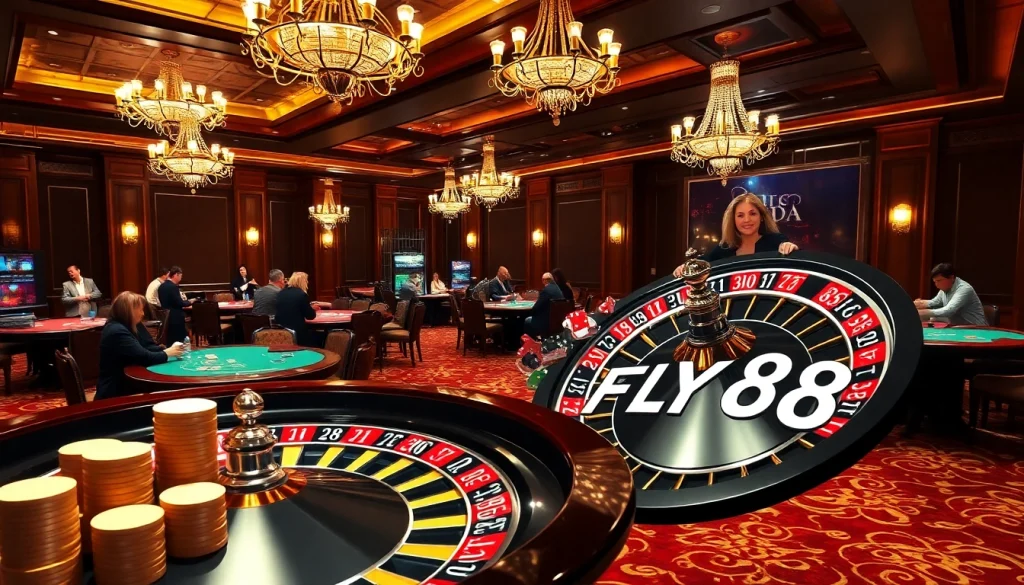 Players enjoying the thrill of FLY88 at luxurious casino tables, showcasing immersive gaming experiences.