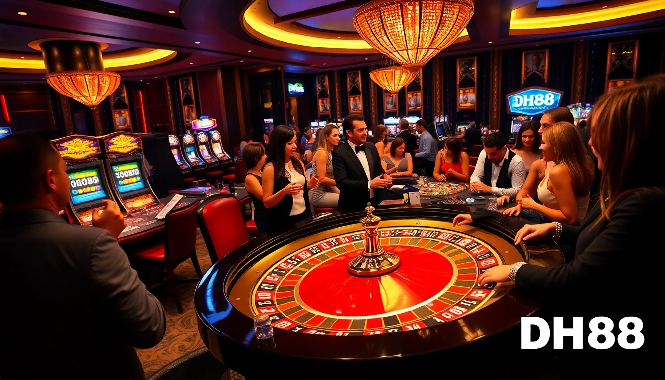 Players engaging at a roulette table showcasing DH88 branding, exuding excitement and luxury in a casino.