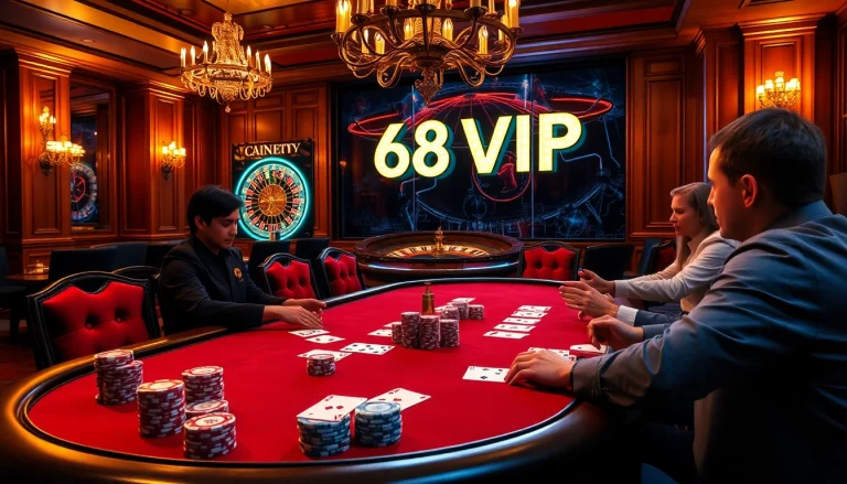 Gameplay at 68VIP poker table with chips stacked and players focused on their cards.