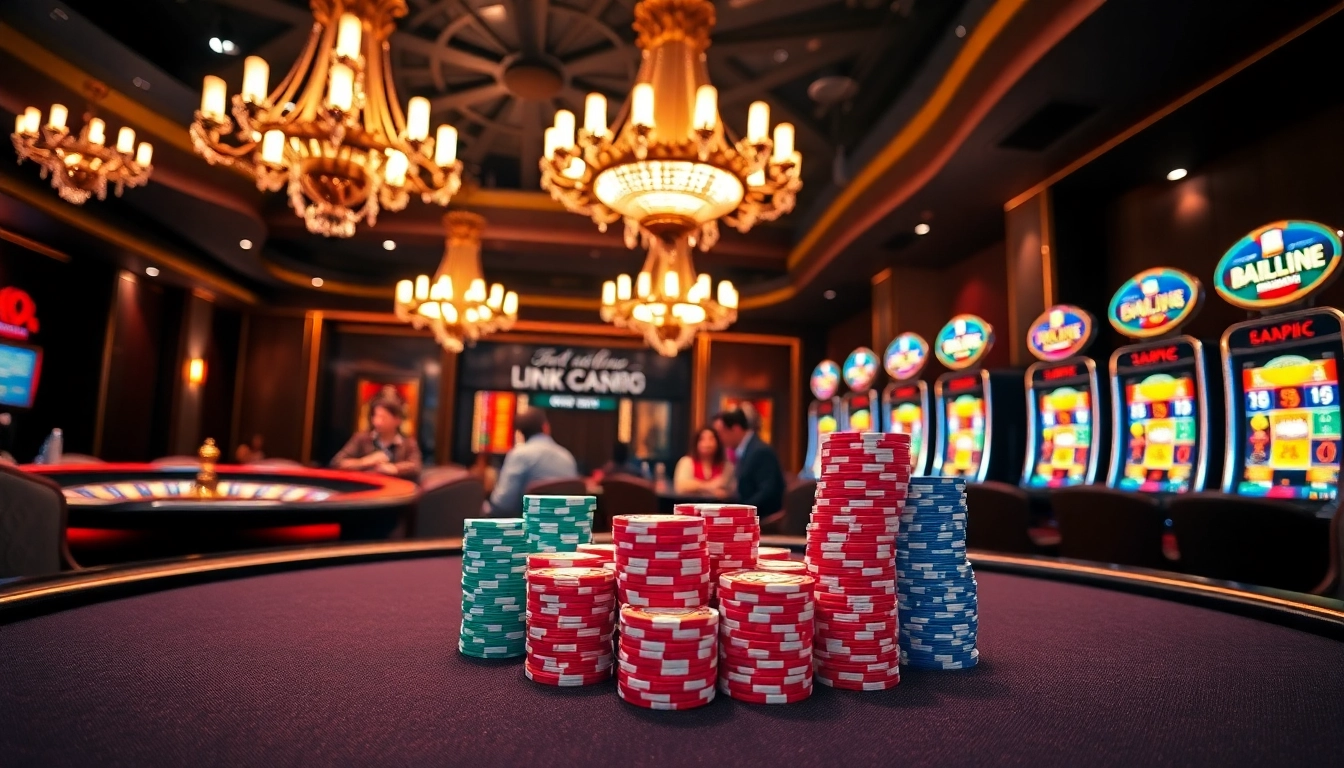 Play exciting games at Link New88's luxurious casino with poker tables and slot machines.
