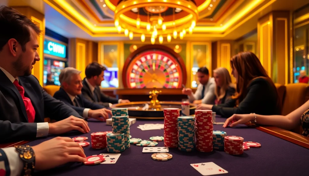 Players enjoying a thrilling poker game at https://cwin.ru.com/ with colorful chips and cards on a luxurious table.