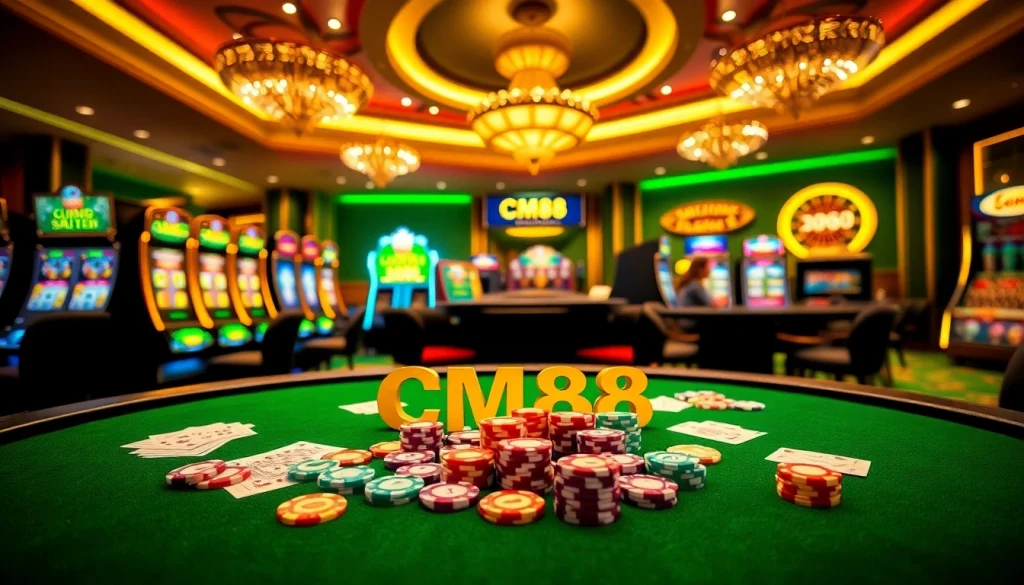 Players enjoying a thrilling game at CM88's casino table with cards and chips.