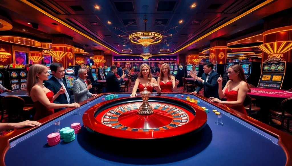 Experience the excitement of 23win with players engaging at a glamorous roulette table.