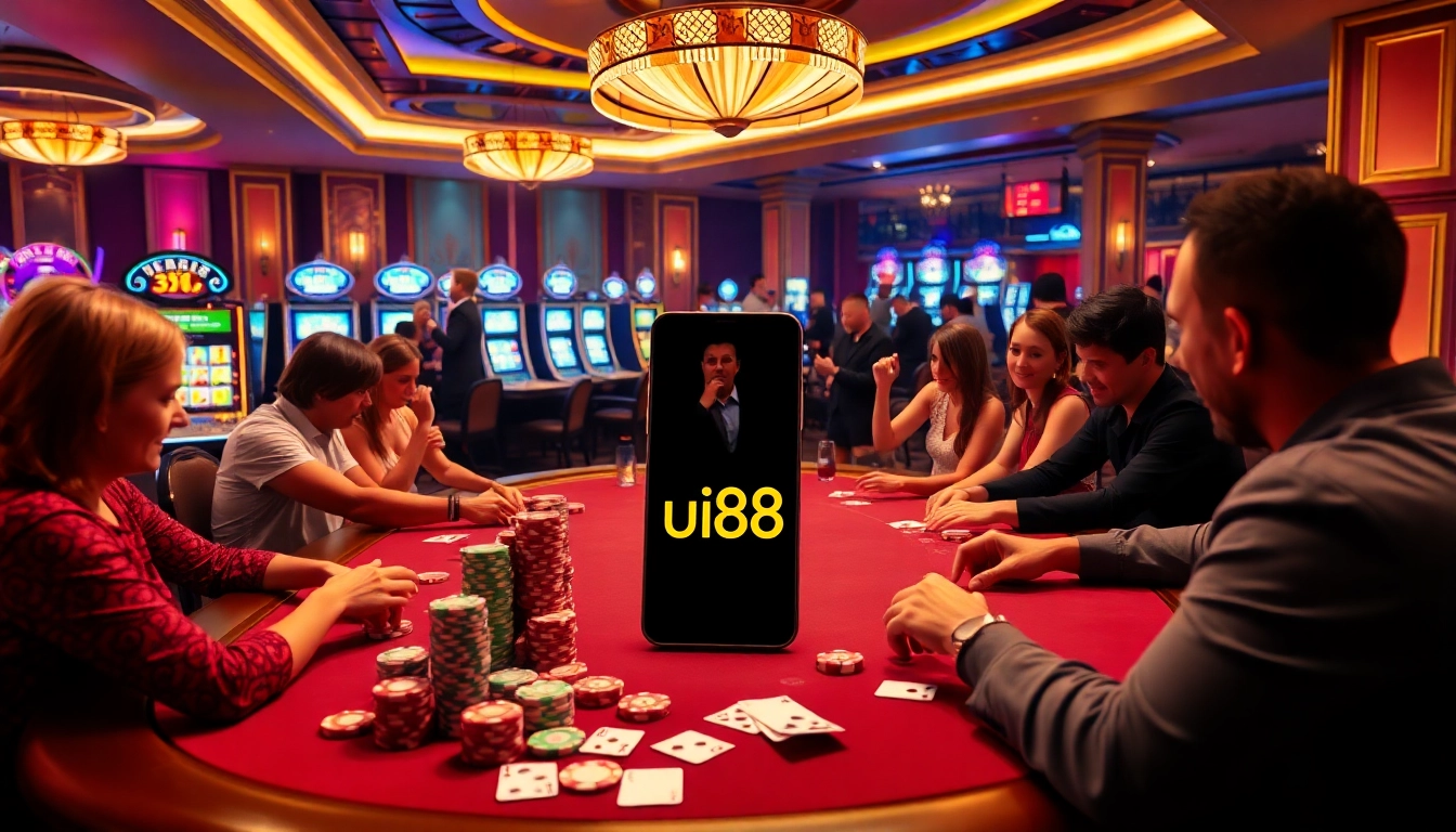 Exciting poker game at uu88 casino with vibrant chips and lively players.
