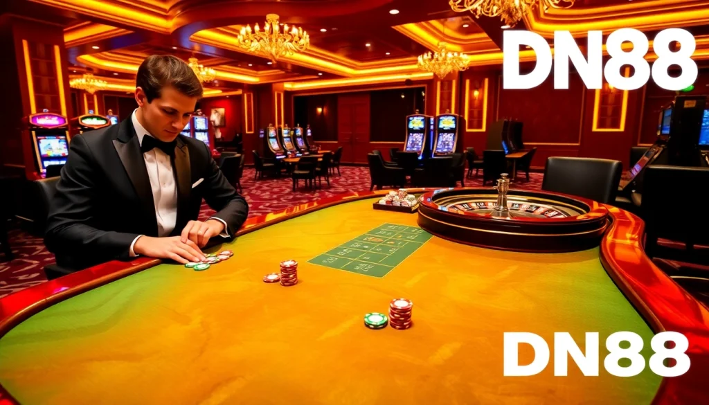 Experience high-stakes poker excitement at DN88 with vibrant chips and elegant tables.