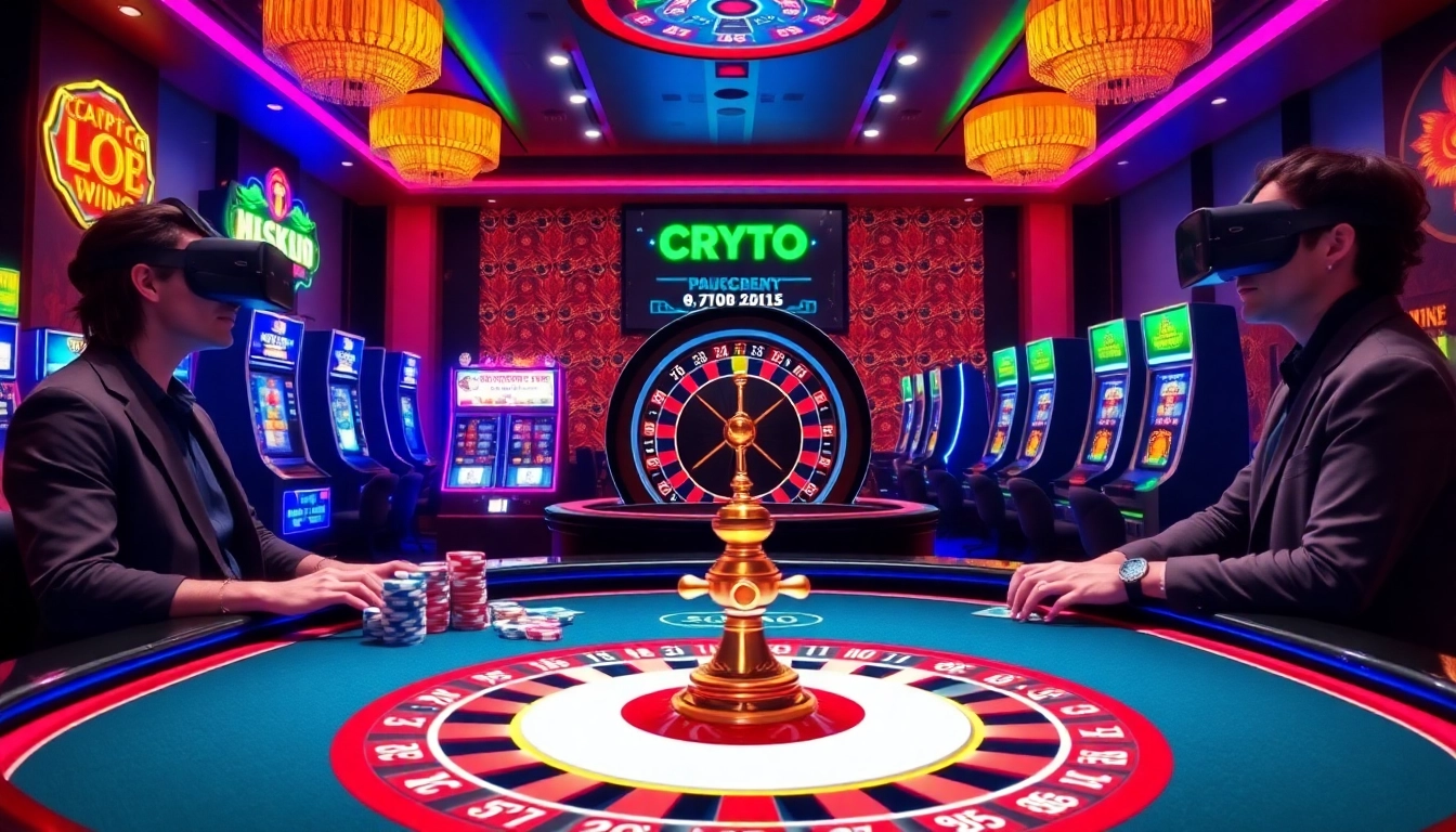 Exciting gaming atmosphere in crypto casinos with vibrant poker chips and modern digital interfaces.