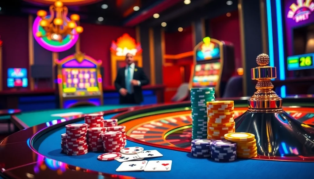 Exciting casino scene with 28bet roulette table, poker chips, and vibrant slot machine