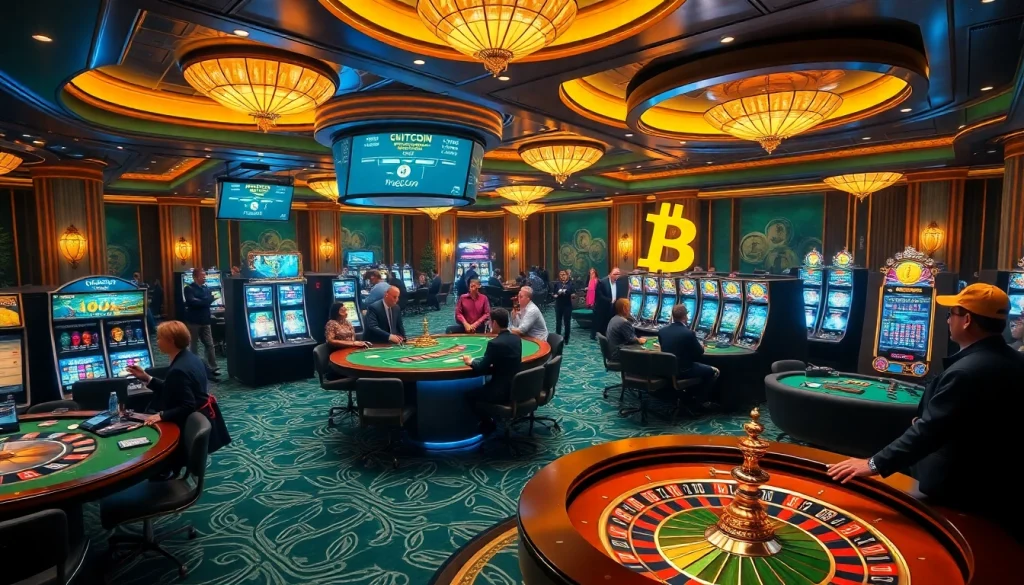 Engaged players enjoying Bitcoin casinos with vibrant poker tables and slot machines.