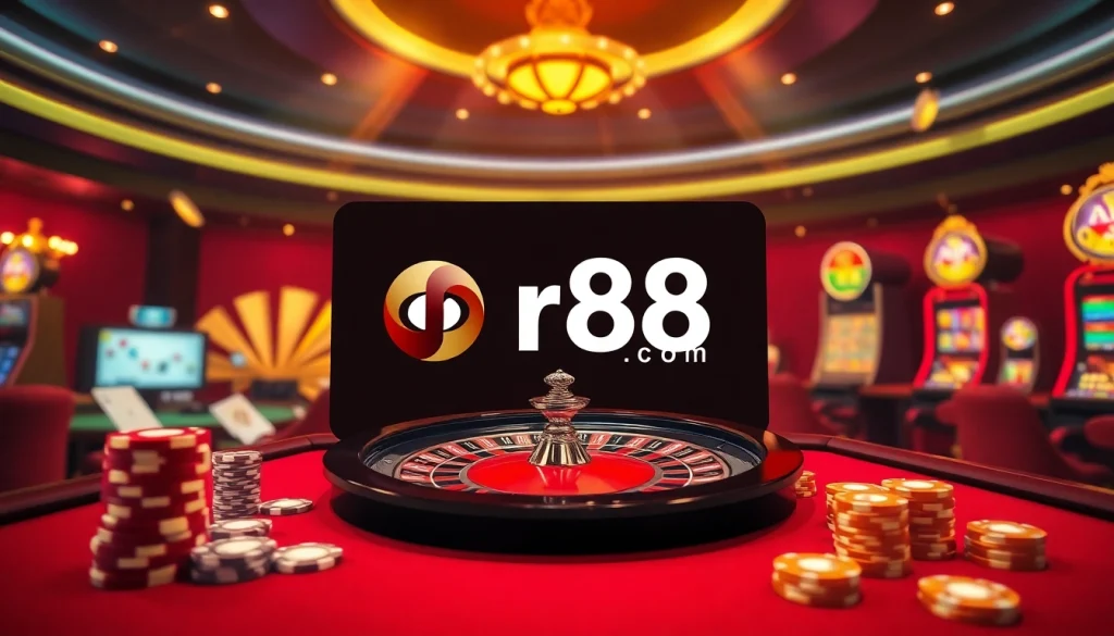 Vibrant online gaming scene featuring rr88 com with roulette, poker chips, and slot machines.