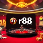 Vibrant online gaming scene featuring rr88 com with roulette, poker chips, and slot machines.