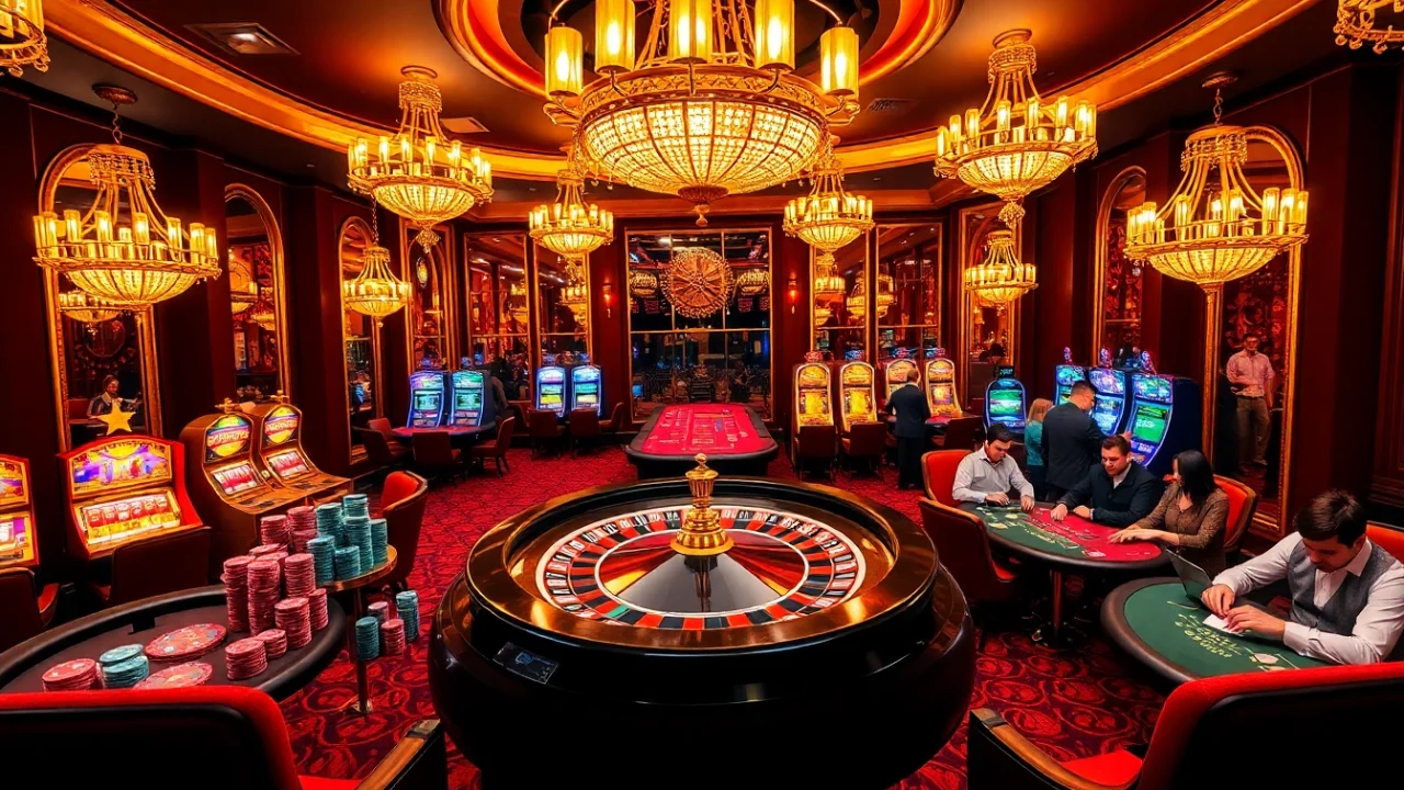 Intense gamers strategize at luxurious B52.moe poker tables with vibrant roulette wheel.