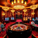 Intense gamers strategize at luxurious B52.moe poker tables with vibrant roulette wheel.