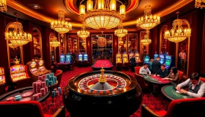 Intense gamers strategize at luxurious B52.moe poker tables with vibrant roulette wheel.