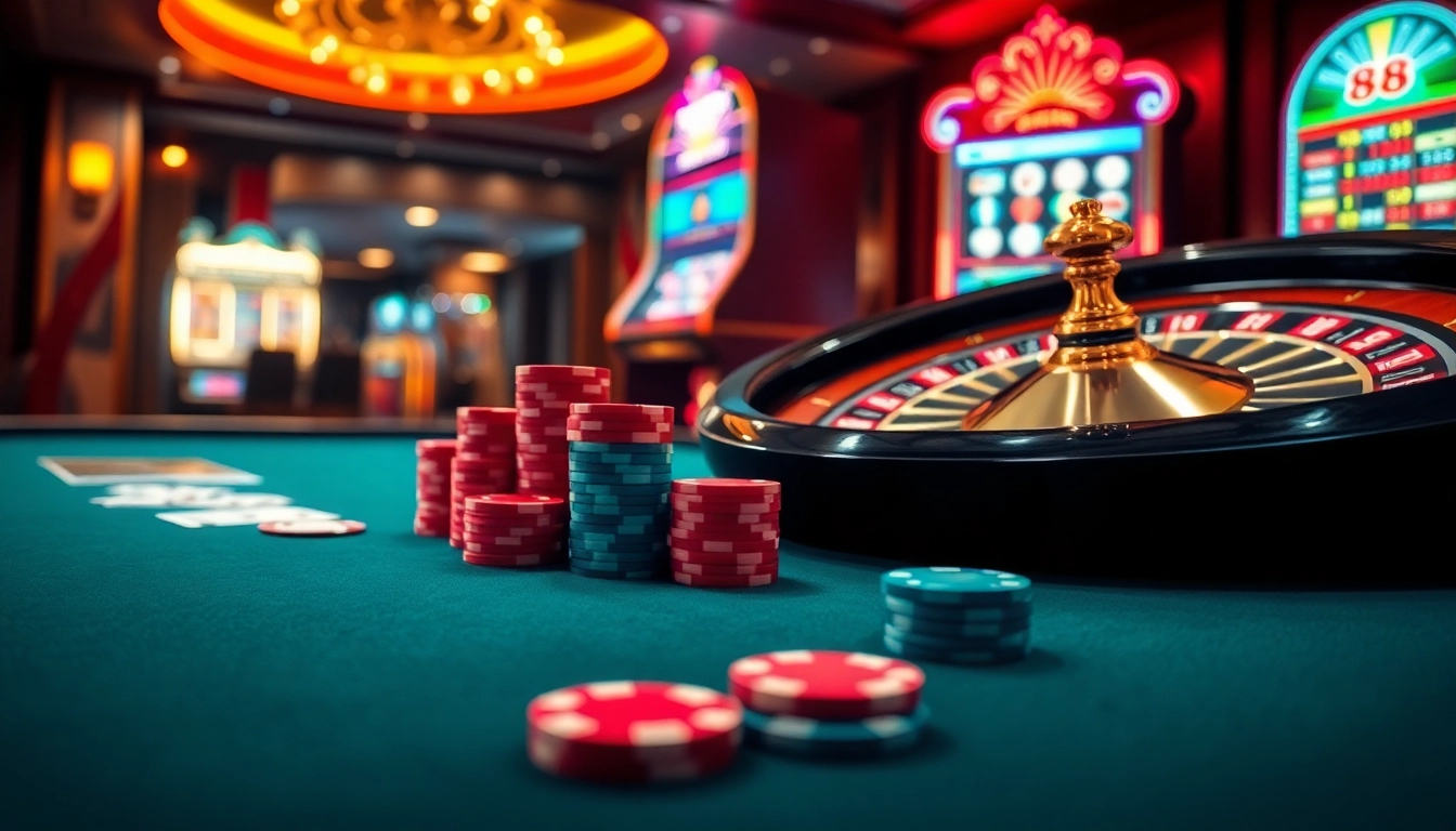 Experience the thrilling atmosphere of casino games at 88i with vibrant poker chips and spinning roulette wheels.