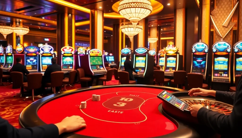 Exciting scene of players enjoying crypto casinos with poker chips, roulette, and slot machines.