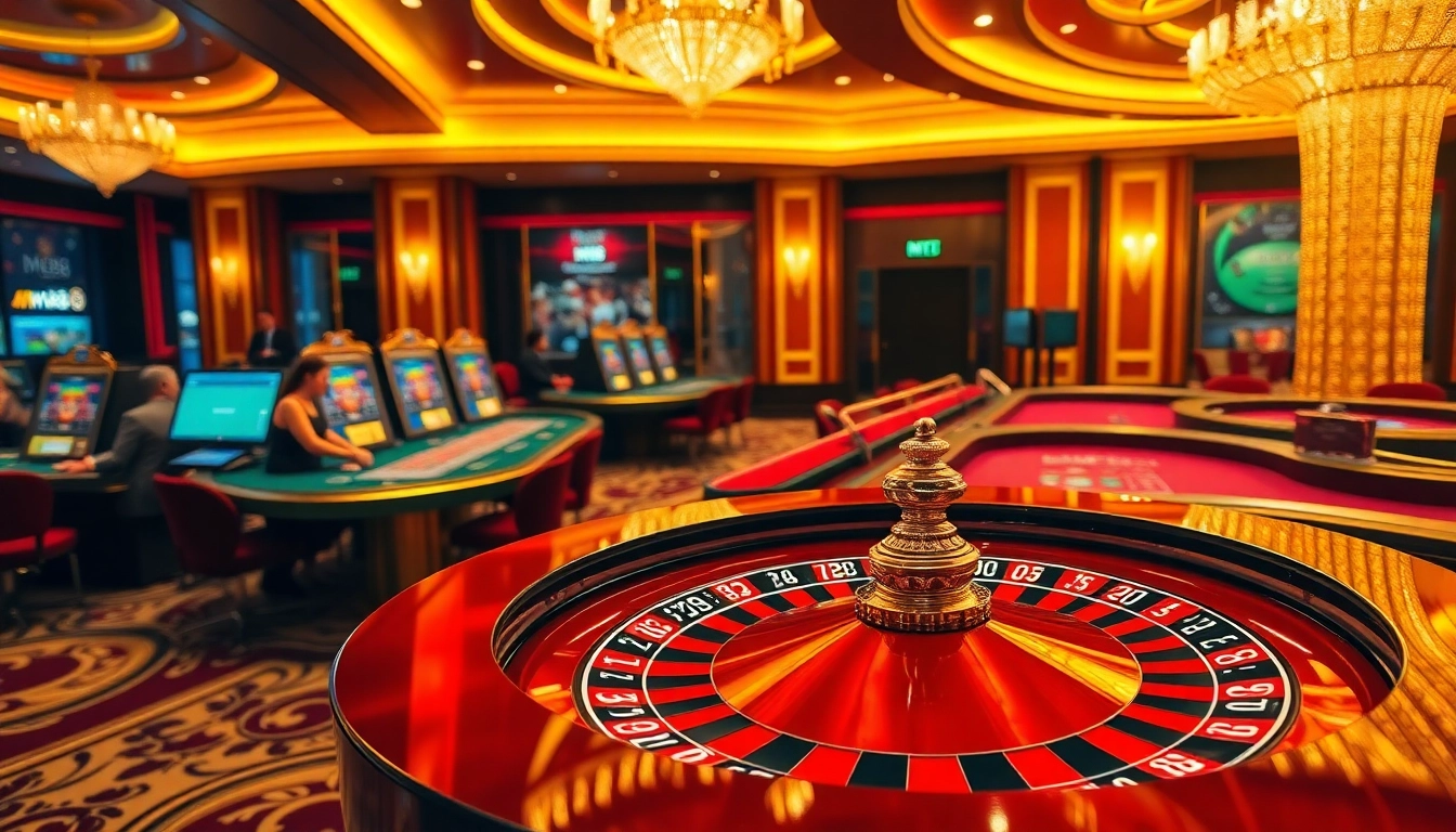 Players engage in a thrilling game at a luxurious mv88 casino, showcasing roulette and colorful chips.