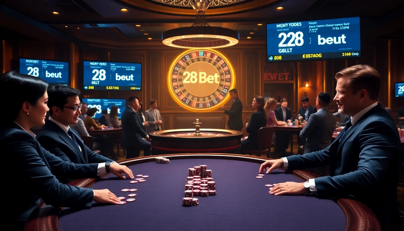 Engaged players at a luxury casino table experience the thrill of 28Bet gaming.