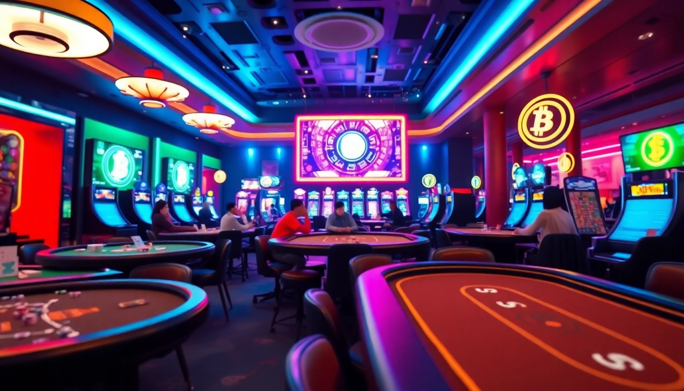 Découvrez le meilleur casino crypto, un lieu vibrant avec des tables de jeux et des lumières au néon.