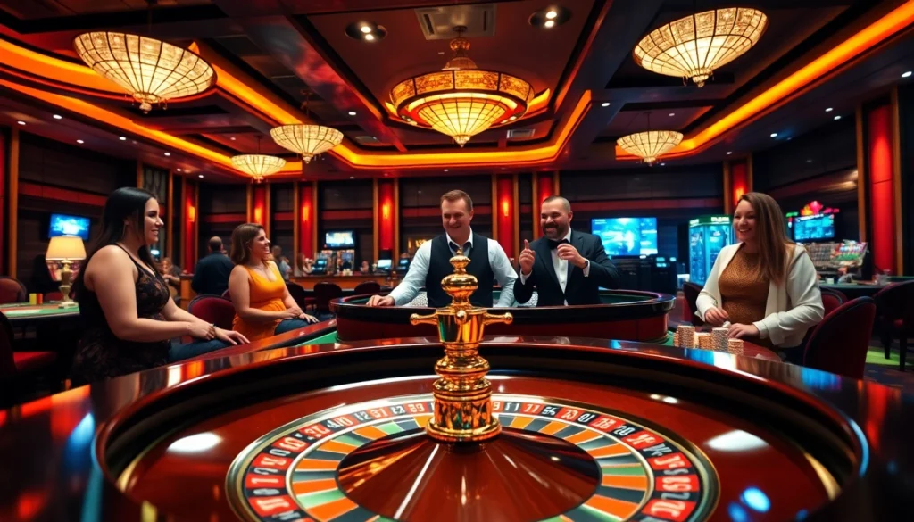 Découvrez un casino fiable en ligne animé avec des joueurs joyeux et un décor luxueux.