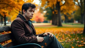 A person reflecting on depression symptoms while sitting thoughtfully on a bench in an autumn park.