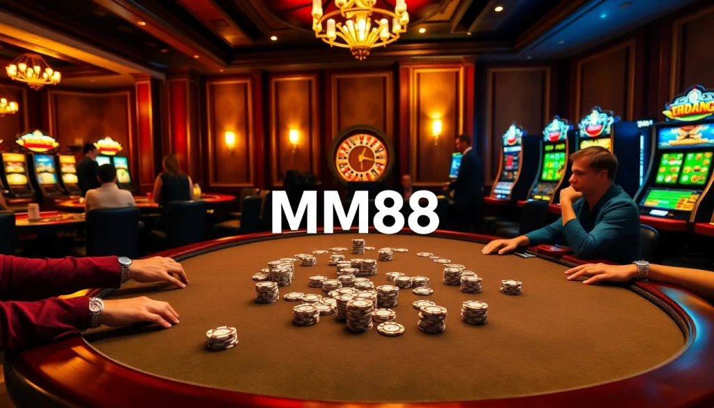 Players engage in poker at MM88, surrounded by luxurious casino elements and a roulette wheel.