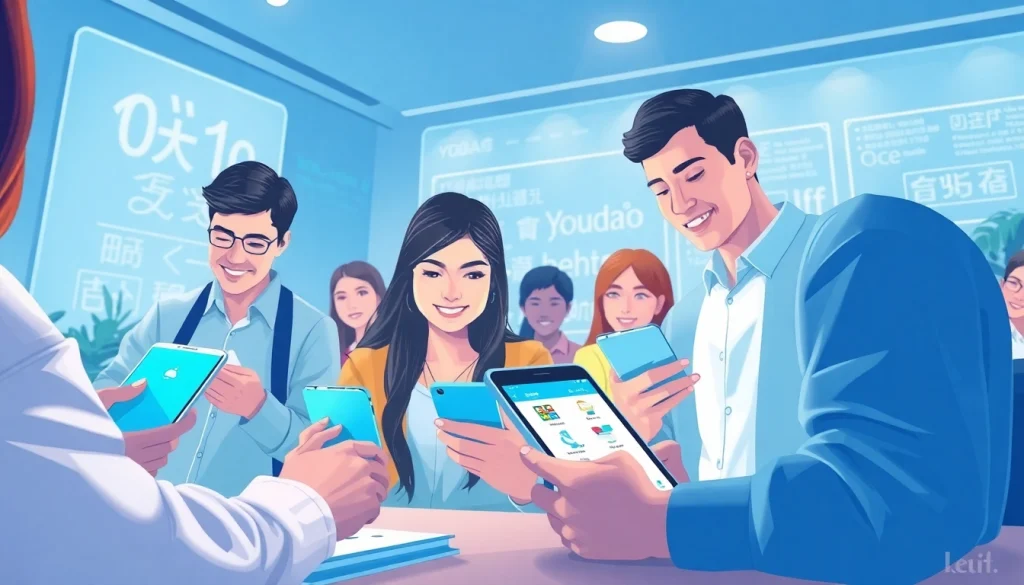 Youdao users engaging with modern tech devices in a collaborative learning environment.