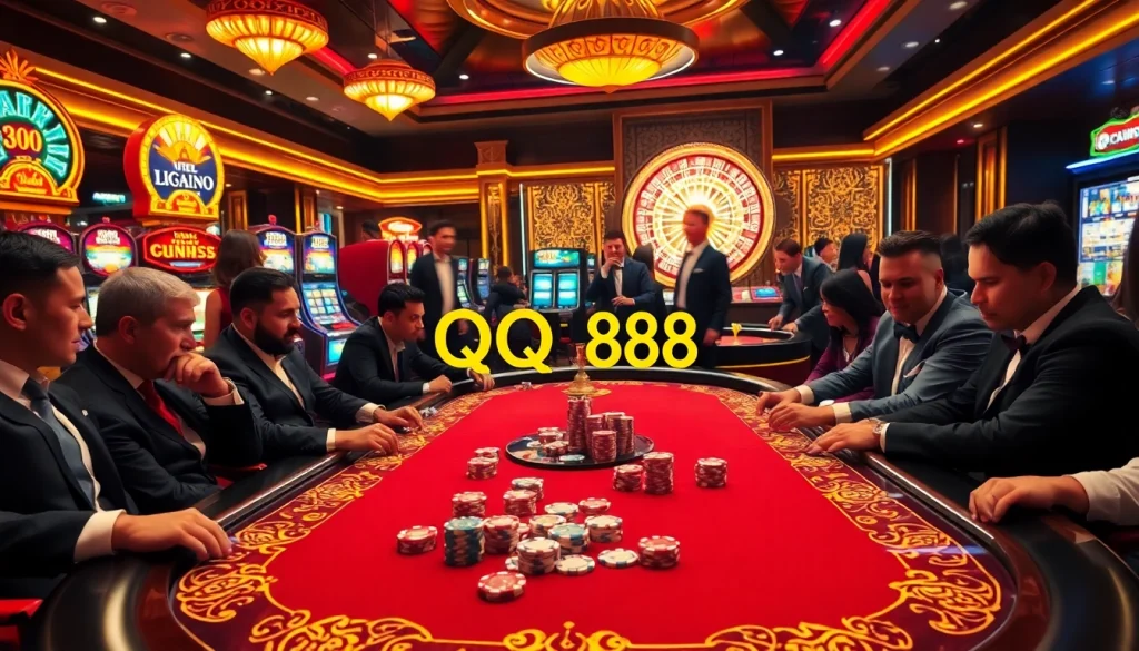 Poker players engaging at a professional table within a vibrant casino, showcasing Nhà cái uy tín QQ88 excitement.