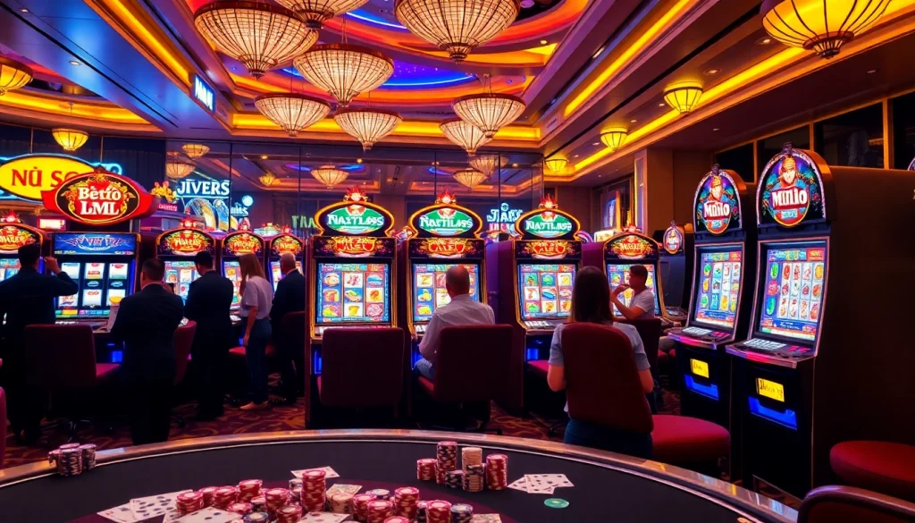 Excited players spinning the nổ hũ slot machines in a luxurious casino atmosphere.