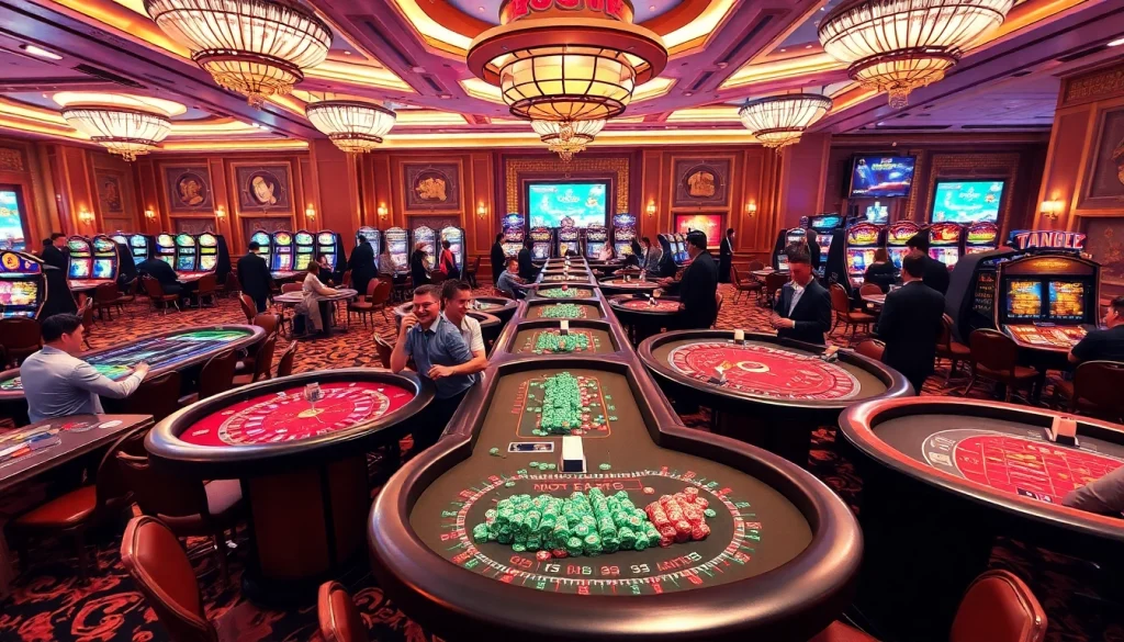 Jouer sur un site de casino en ligne avec des tables de jeux luxuriantes et des joueurs enthousiastes.